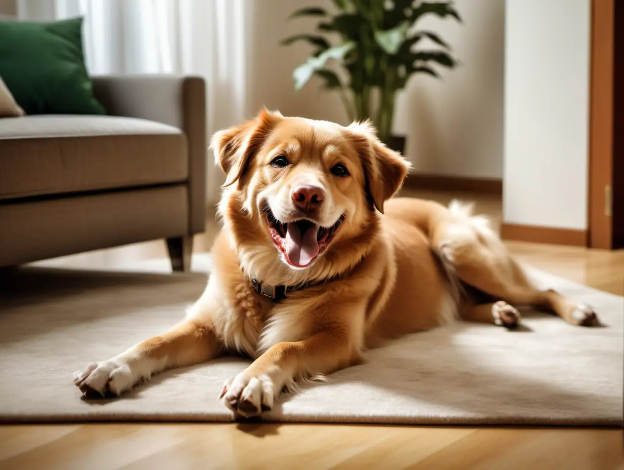 Create an image of a happy dog playing at home. The house where the dog lives looks high-end, and expensive, like a wealthy family is living there. The dominant colors of the image shall be muted browns, beiges, and forest greens. The dog looks happy. The general mood of the picture shall be relaxation, calmness, and happiness.