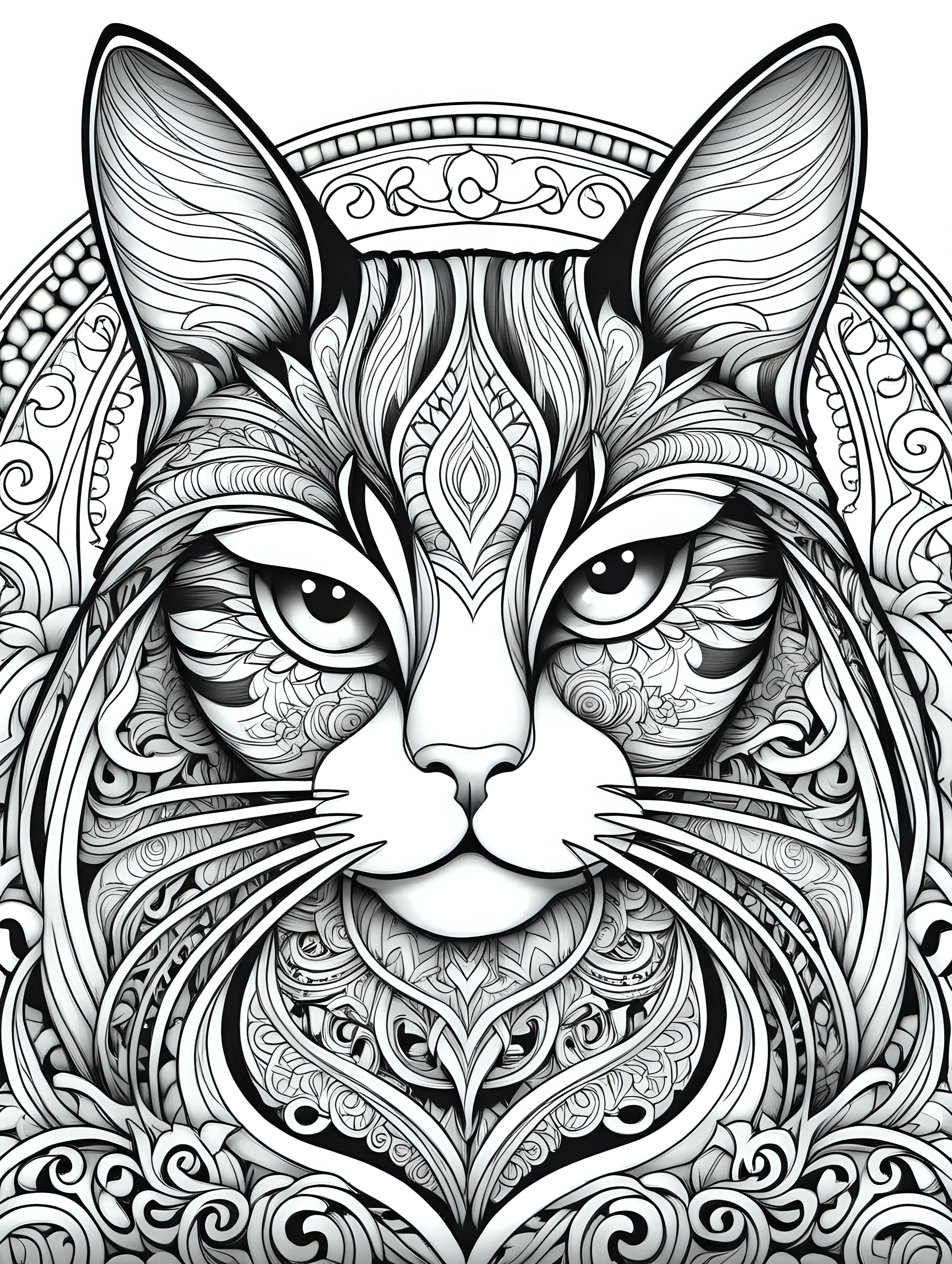 create a logo for an adult coloring book entitled "Worldly Cats: Adult Coloring Book Pages" which features intricate and sophisticated black and white drawings of domestic cats from different countries.
