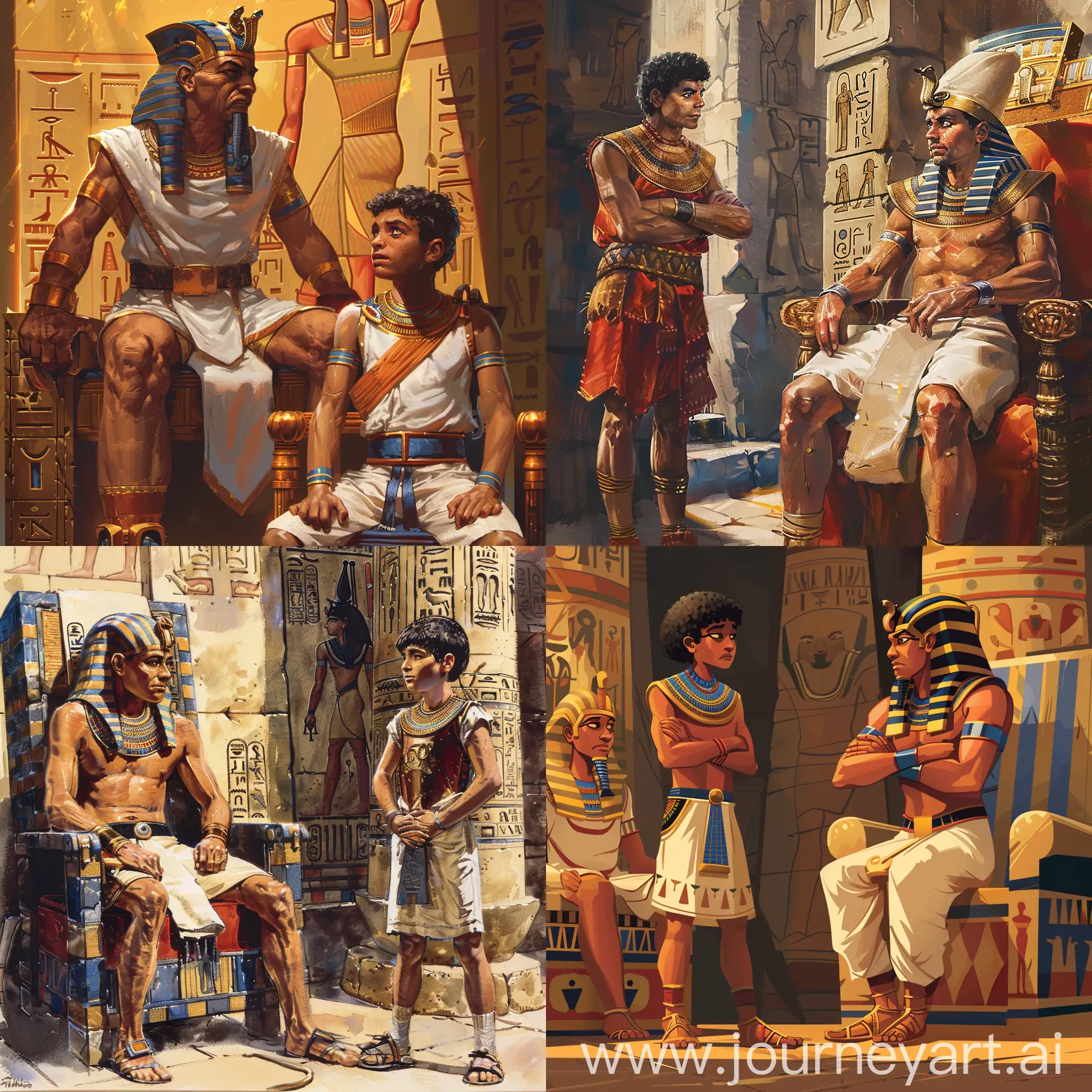 Древний Египет, древнеегипетский фараон сидит в тронном зале и гневно смотрит на 15-летнего сына который стоит перед ним в гордой позе не желая повиноваться приказам