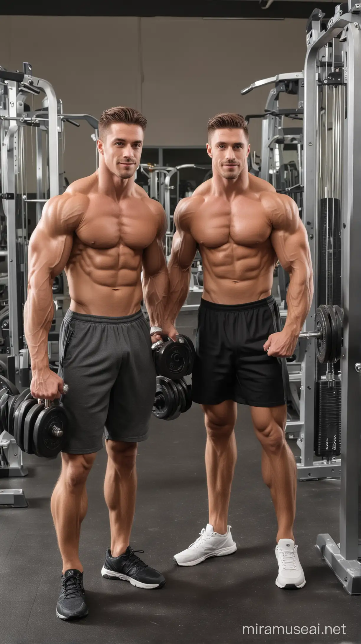 a handsome bodybuilder working out at a gym with his buddy