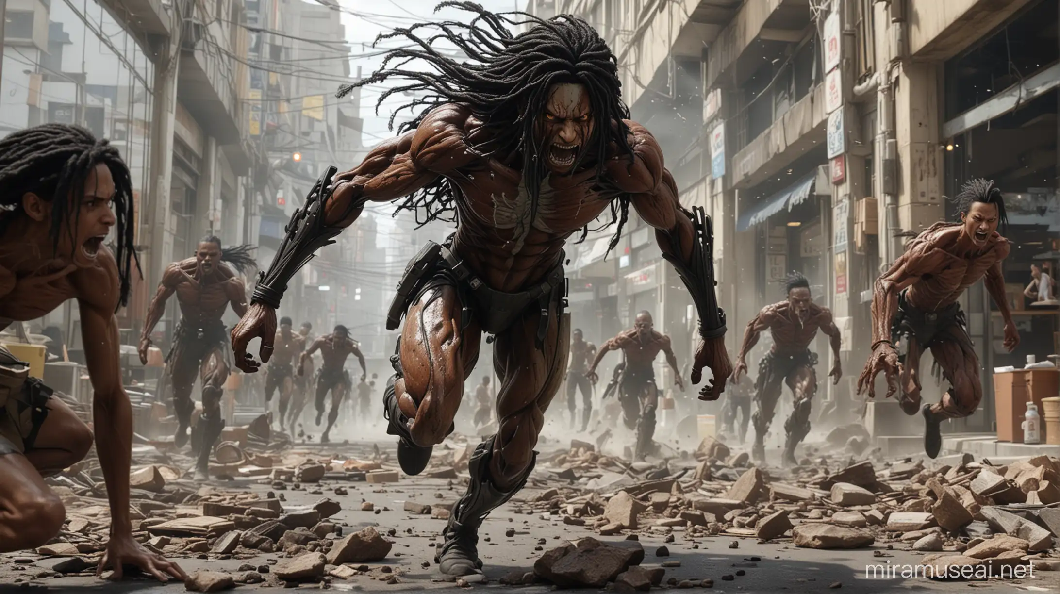Photographic, extremely high quality high detail RAW photo, colossal black Attack Titan with black dreadlocks, sprinting through a cafeteria, debris flying, panicked civilians, dynamic action, powerful muscular anatomy detail, cinematic destruction, perspective from street level looking up, 4K resolution, by Hajime Isayama and Michael Bay