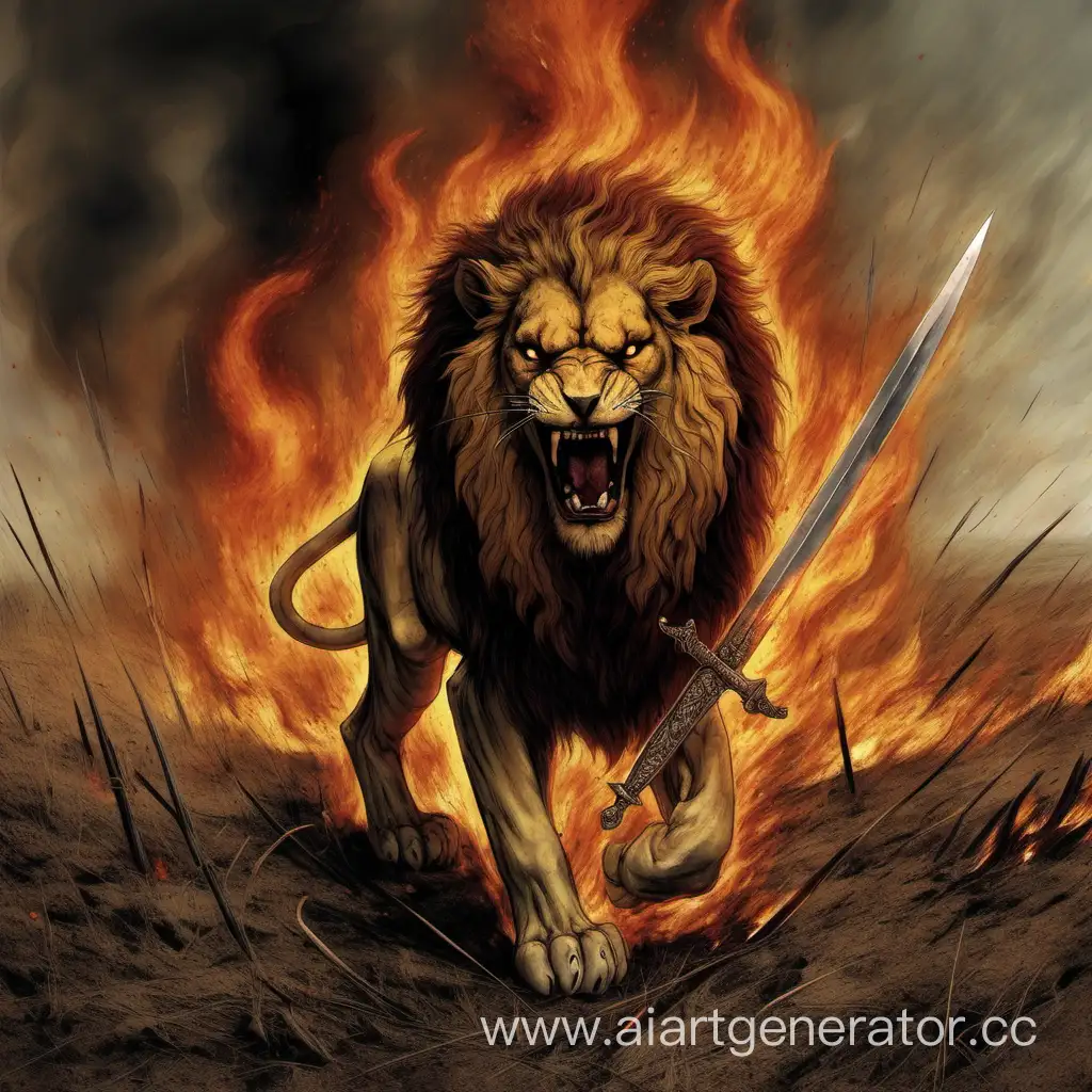 Fierce-Lion-Warrior-Brandishing-Sword-amidst-Fiery-Battlefield