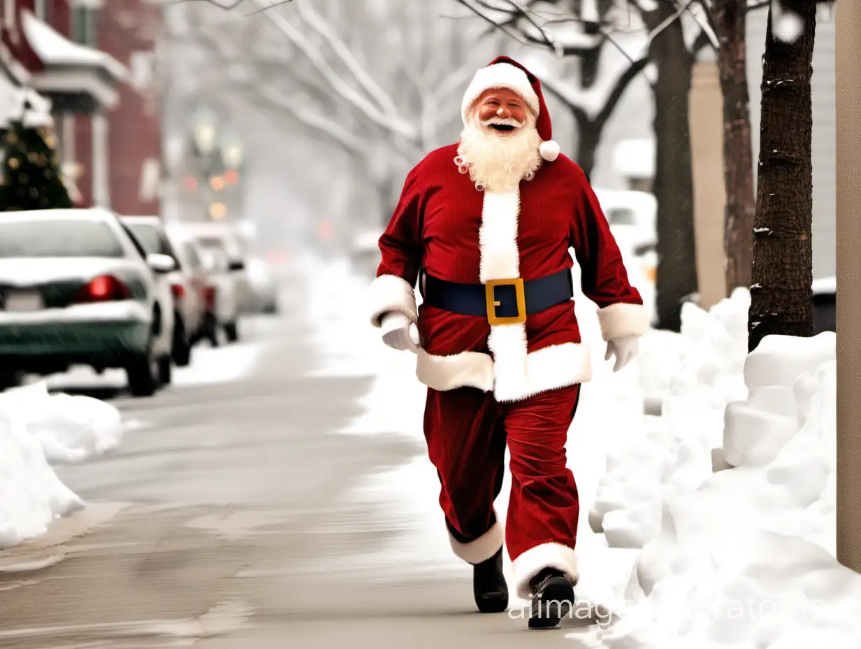 Happy Santa Claus walking down the sidewalk after a snowfall, wearing the ((tan corduroy pants)) he got for Christmas
