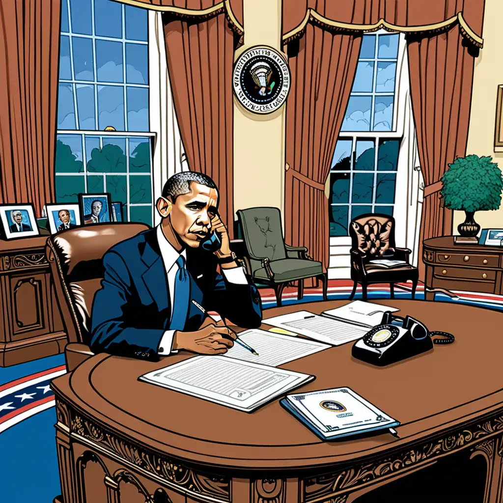 Create a comic-style illustration featuring Barack Obama seated alone at his desk in the Oval Office, engaged in conversation on the phone. The scene should convey a sense of contemplation or seriousness, with Obama's expression reflecting the weight of his conversation. Incorporate iconic elements of the Oval Office for context, such as the presidential seal or the Resolute Desk.