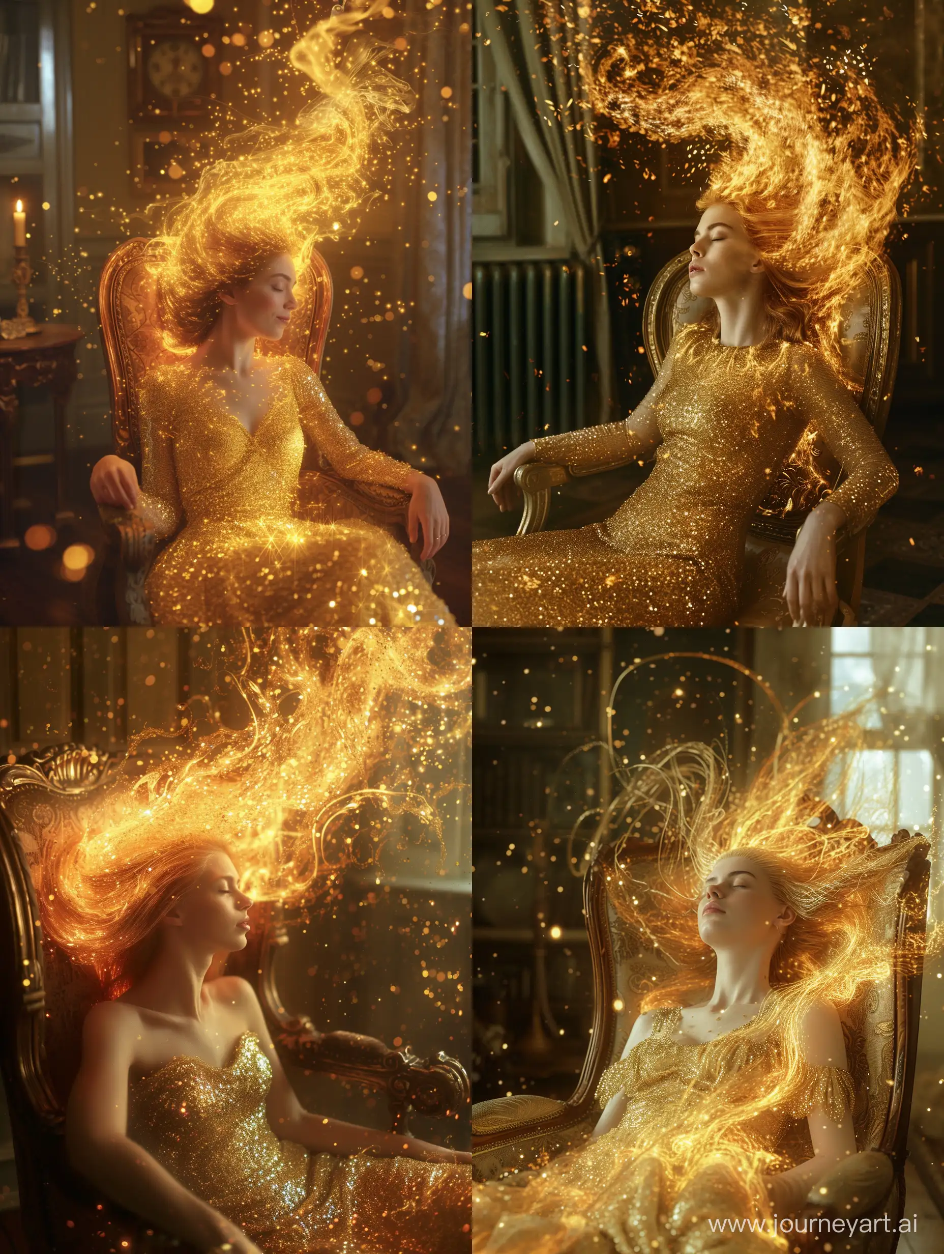 a woman who personifies the essence of fire. She gracefully reclines in an antique chair, her body is enveloped in swirling flames that do not burn, her hair, a shining golden mane, scatters around her head and shoulders, indistinguishable from the flames, a sparkling golden dress sparkling with countless sparkles, the room is dimly lit, her eyes are closed and her expression is peaceful faces