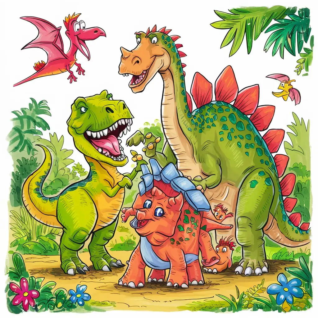 Coloring Book Playful Dinosaurs in a Lush Jungle Setting