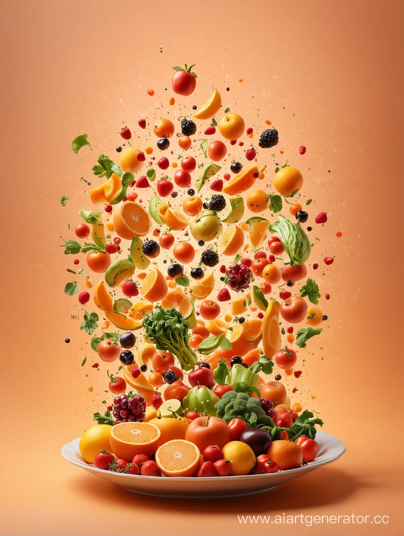 композиция из овощей и фруктов падающая в тарелку на оранжевом фоне градиент