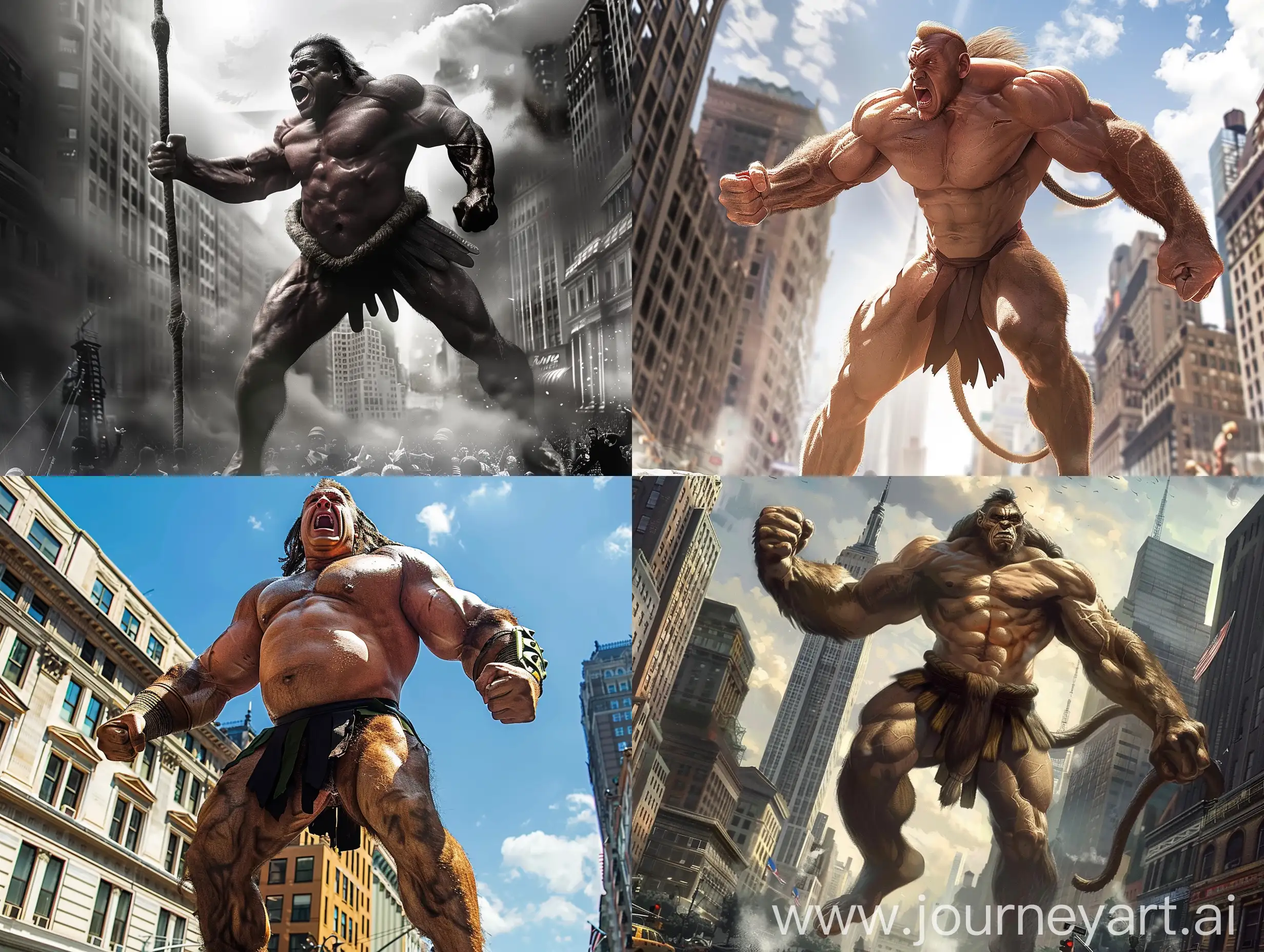 Alex Jones as a giant Tarzan gladiator terrorizing New York City