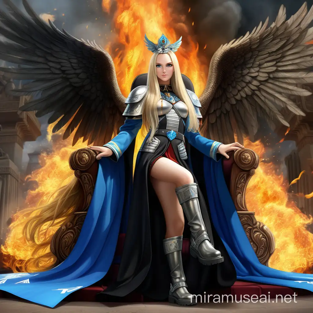Blonde Nazi Goddess General in Fitted Suit with Wings and Fiery Peacock