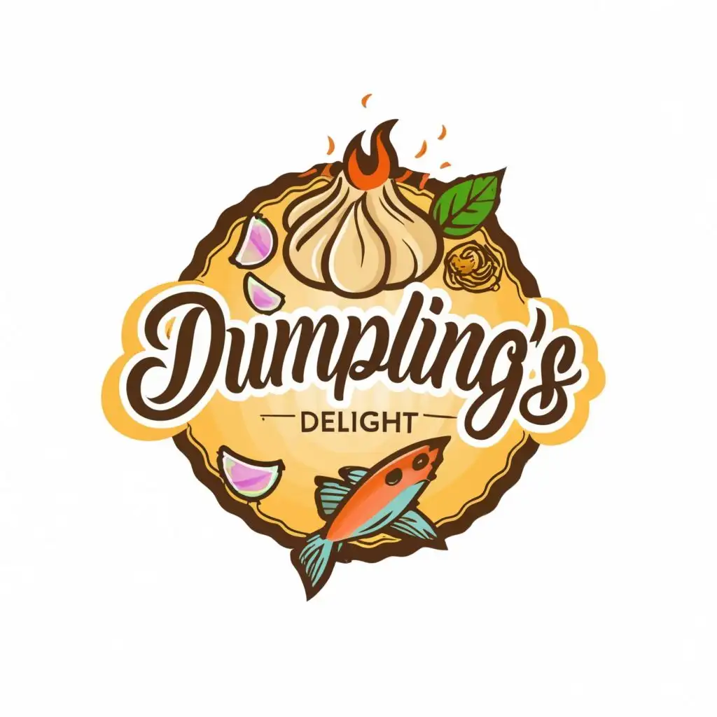 logo, DUMPLING and seasoning and a fish also sauce, with the text "DUMPLINGS DELIGHT", typography, be used in Retail industry