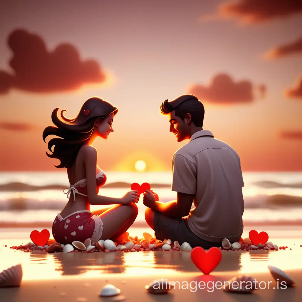 Generate a visually stunning backdrop for a Valentine's Day website, portraying a sunset beach scene with a couple sitting on the shore, surrounded by heart-shaped seashells and the warm glow of twilight. Convey a sense of serenity, love, and shared moments as the waves gently kiss the shore