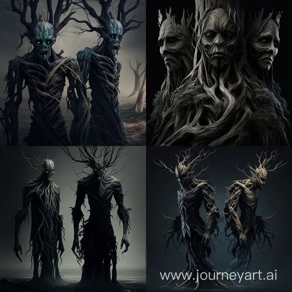 черные, тёмные энты, зловещие созданые из сросшихся человеческих тел и ствола дерева