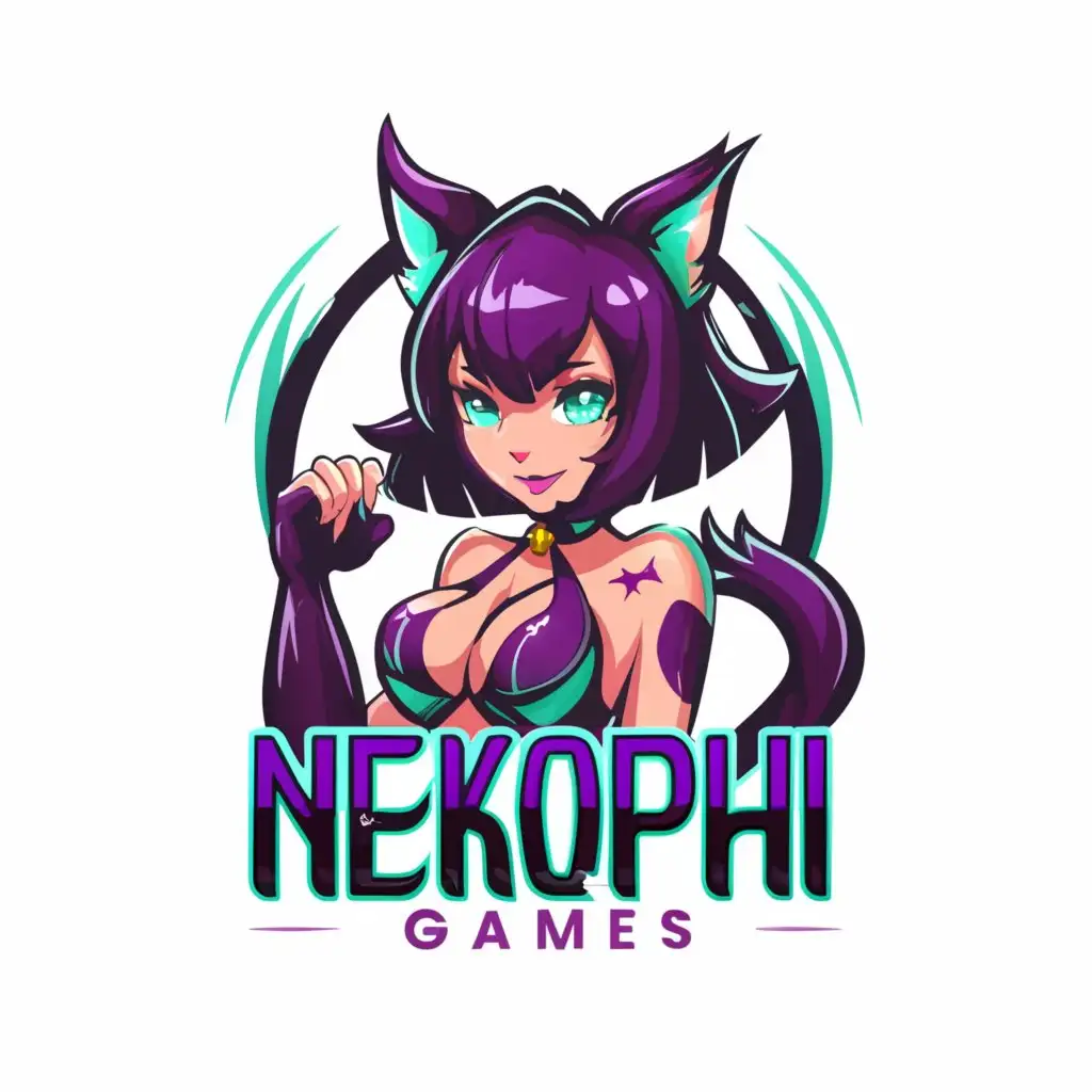 LOGO-Design-For-NekoPhi-Games-Minimalistic-Anime-Catgirl-in-Purple-Teal-Bra