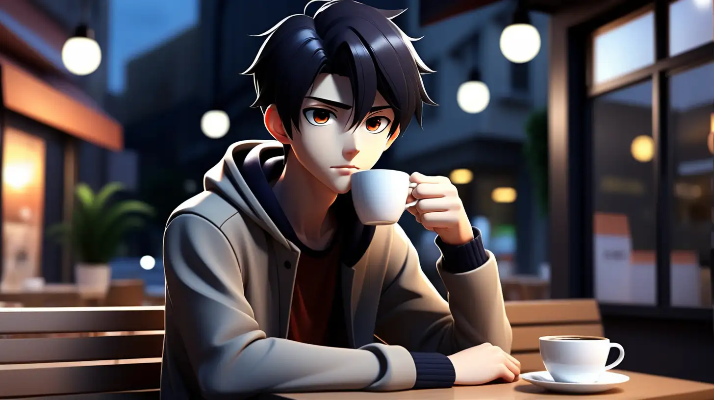 Late one night, handsome anime young boy, sitting and relaxing enjoying coffee, black hair, modern clothes, cafe background with a relaxed atmosphere, simple full color, high quality, lively eyes, dark, gloomy, dark color, natural eyes, hd, hyper realistic,