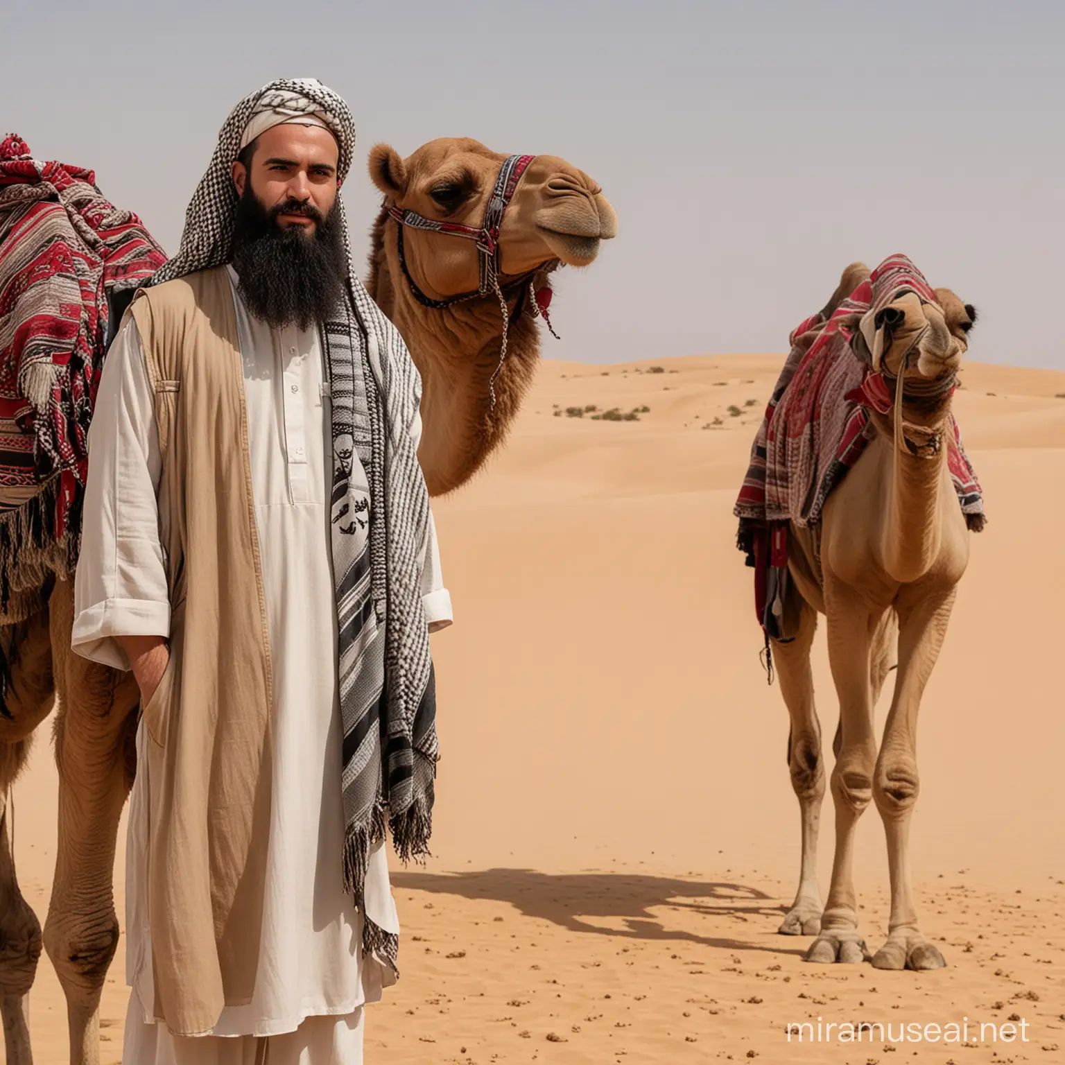 
a man with a heavy beard wearing a thobe and keffiyeh, standing beside a camel in the desert
