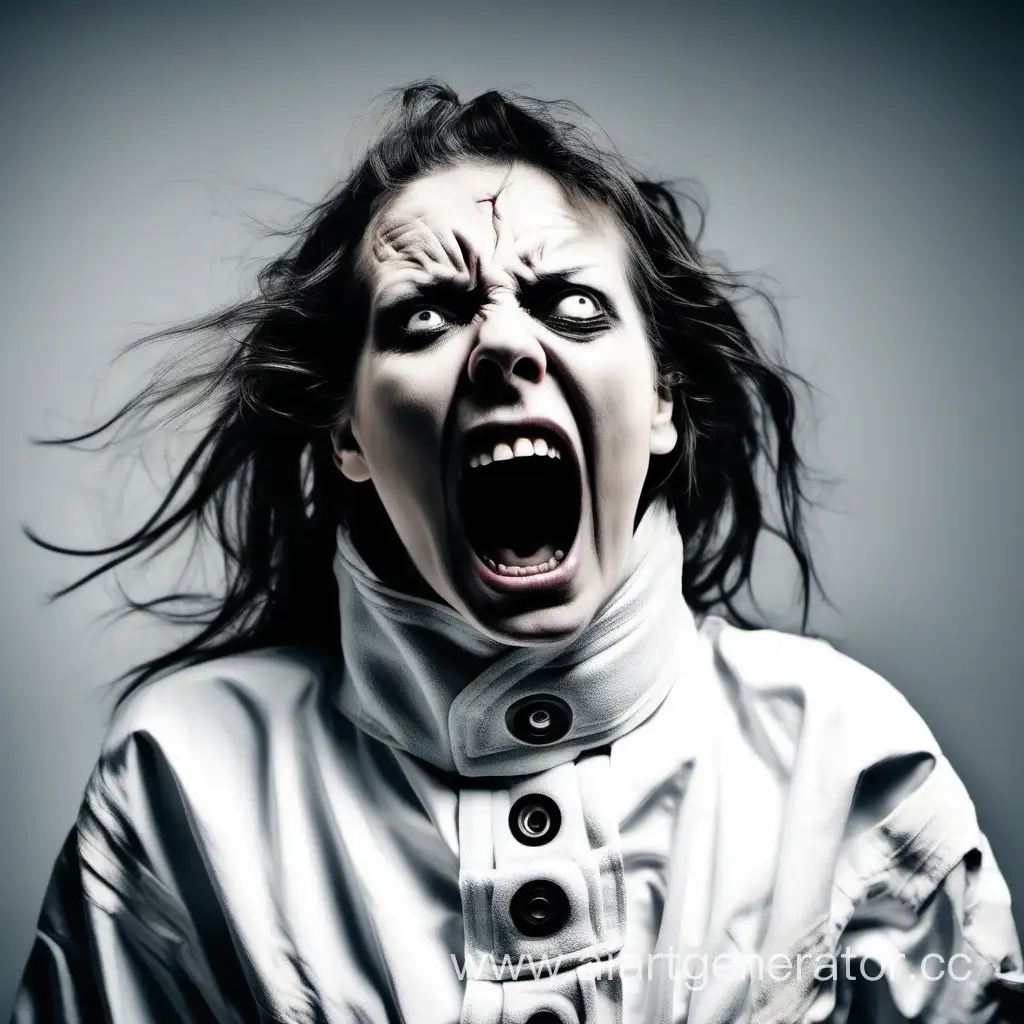 женщина в смирительной рубашке с психическим расстройством, смотрит в камеру и кричит, на фоне White torture