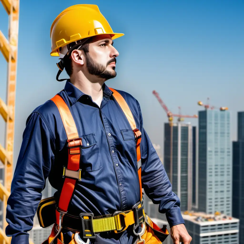 Construction Worker Wearing Safety Harness at Height