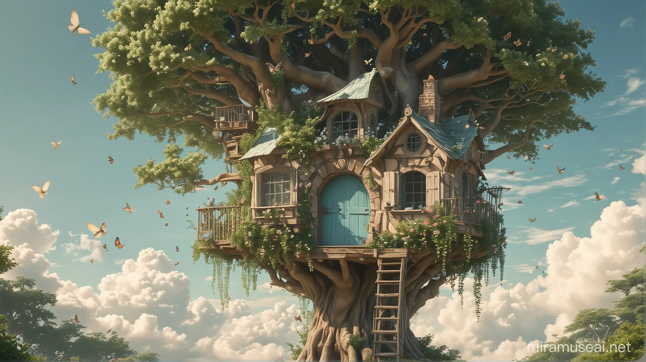 treehouse in the sky with circular door opening, airy and beautiful, lots of fluffy clouds in a blue sky, no branches above tree house, simple, pastel colors, one single circular portal opening, vintage feeling, early 2000s, some butterflies, girly, looks like a renaissance painting, feeling of switzerland, fairy land, moss on house, some small birds disney style, treehouse on the far right side of image, big cloud where i can write text, fantasy, foggy, 1960s house style, hippie, fun, playful