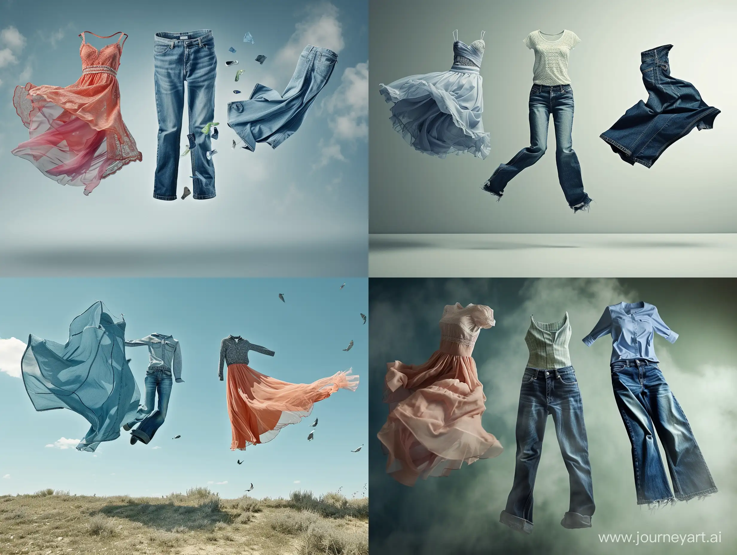 A commercial photo showing flying clothes: dresses flying, jeans flying, commercial retouching, good detailing, advertising photography