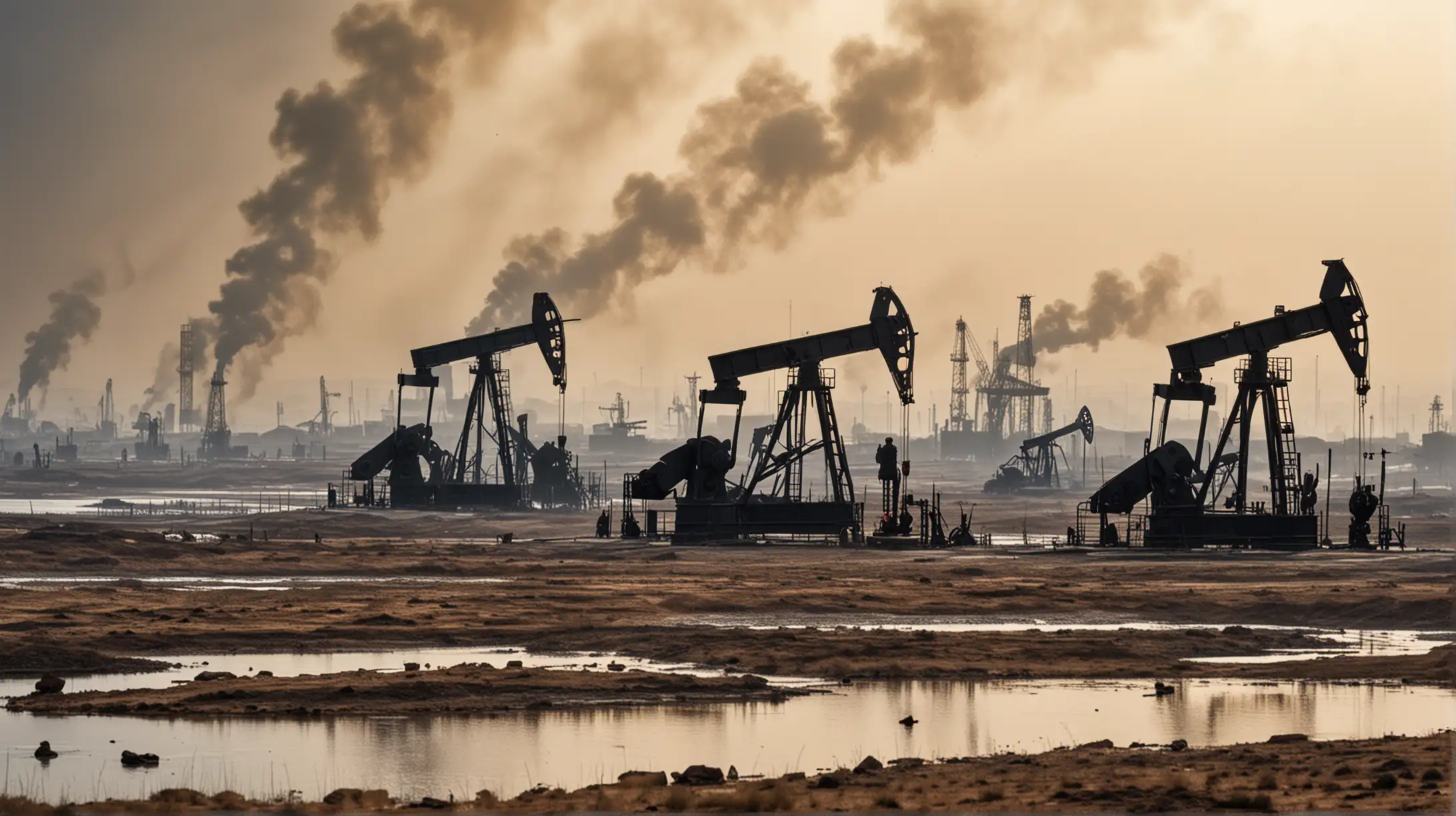 An image showing oil derricks with a backdrop of a conflict-affected area to illustrate the direct connection between geopolitical tensions and oil supply.