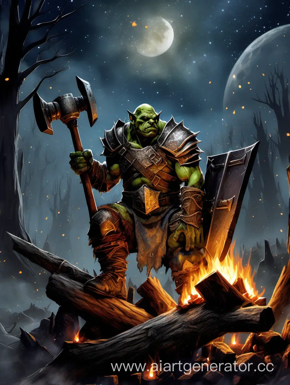 Mighty-Orc-Warrior-by-the-Campfire-with-Hammer-and-Shield