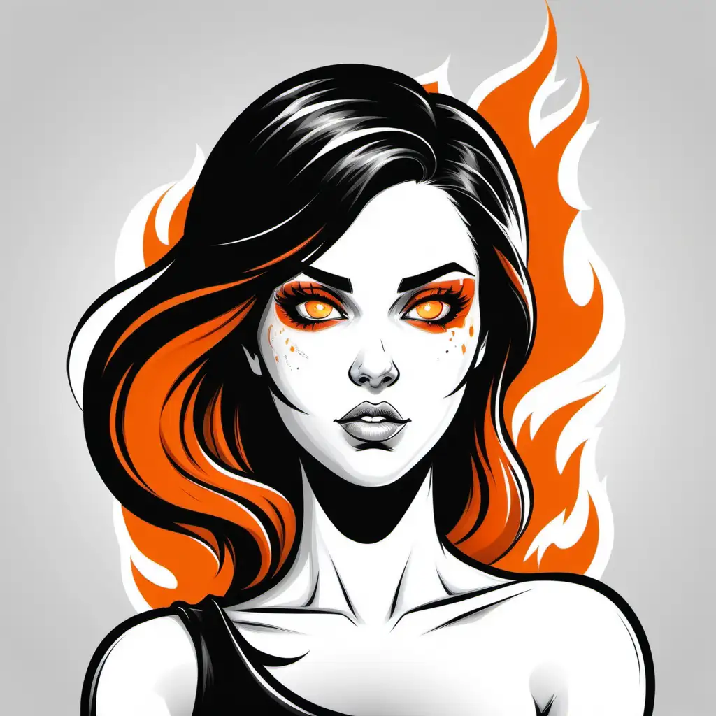 Unique Fusion Stylish Black and White Woman with Orange Fire Accents in Comic Vector Art