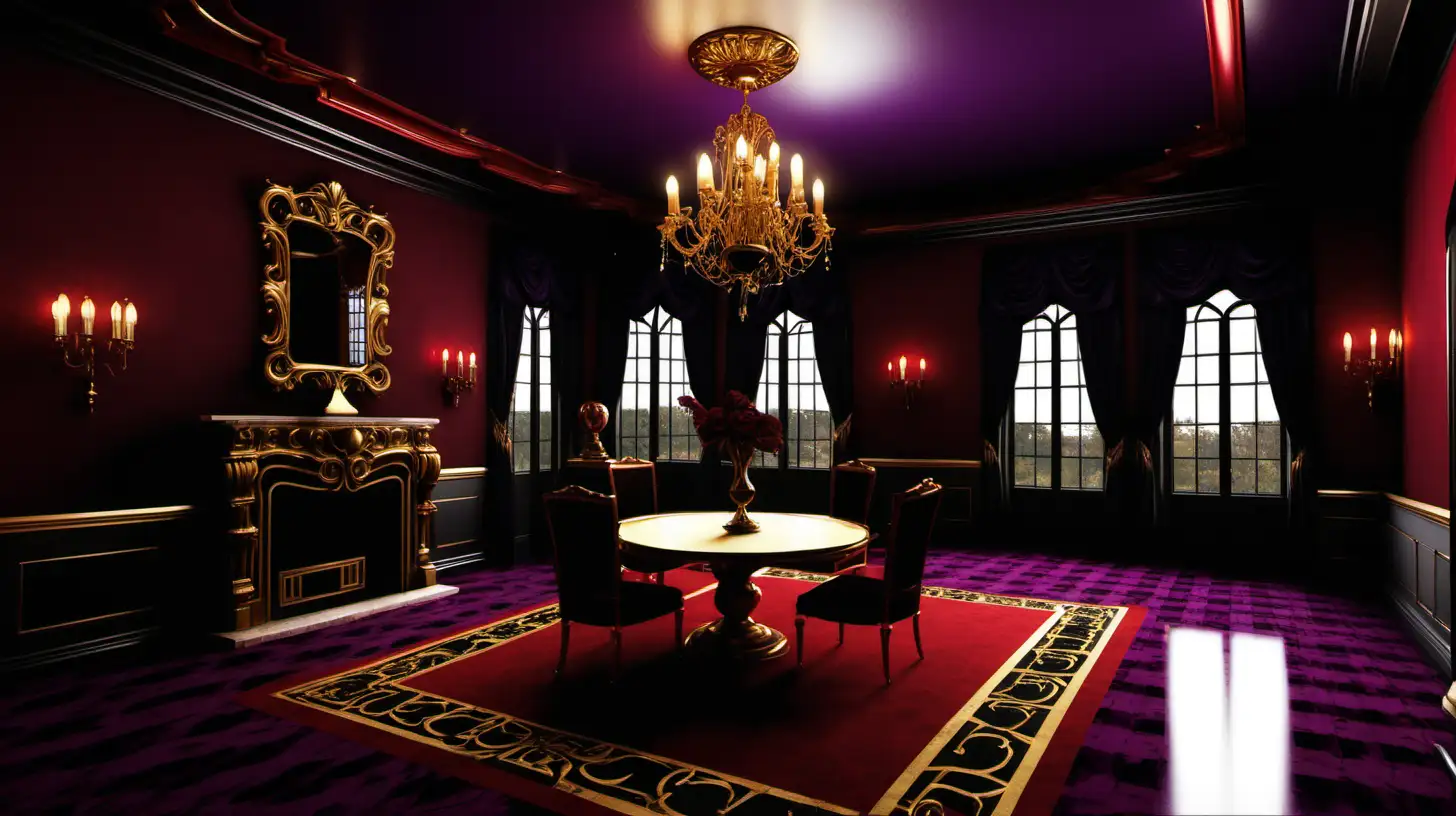 Mansion interior, gold, dark purple, black, crimson