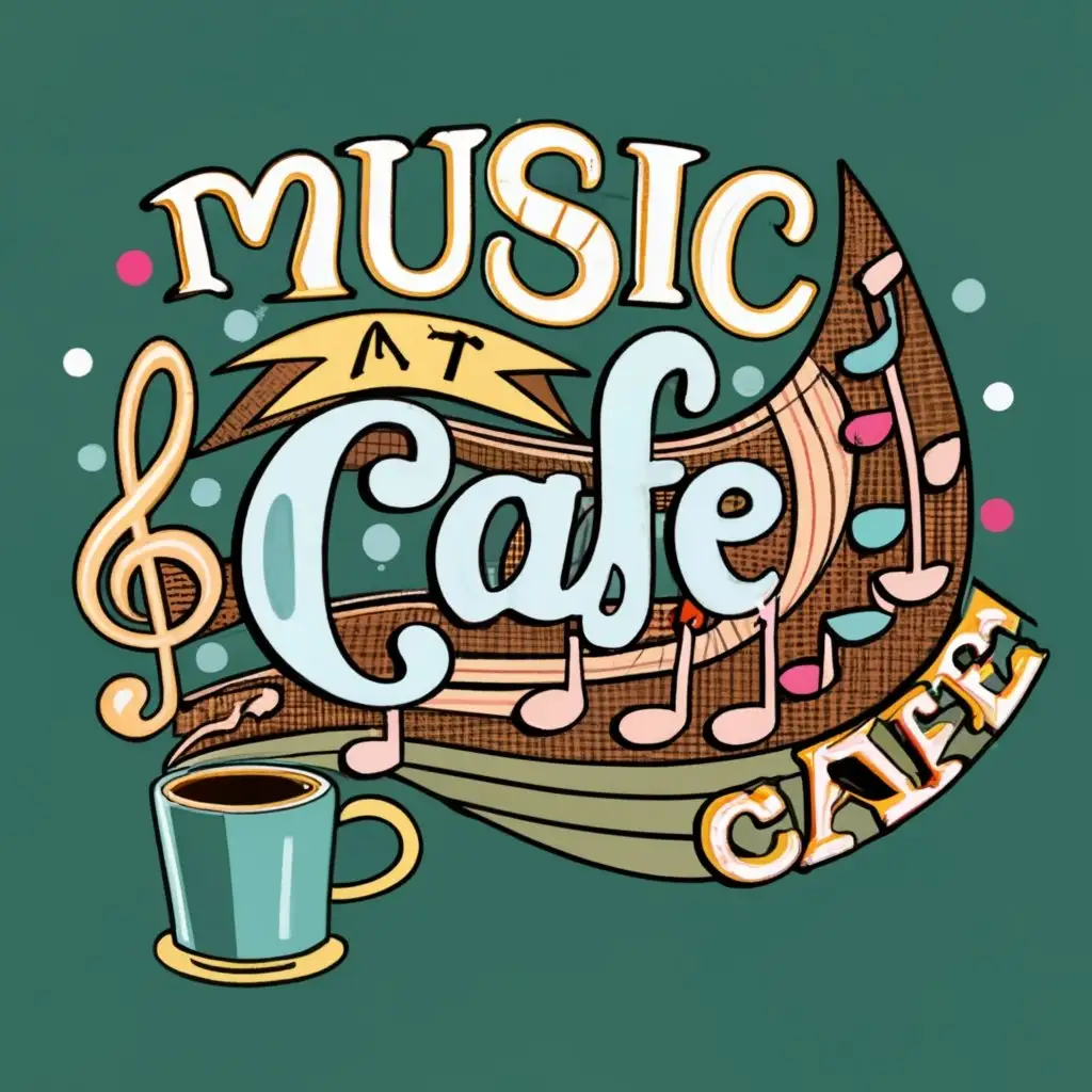 logo, Coffee mug, music score, with the text "Music Cafe", typography
