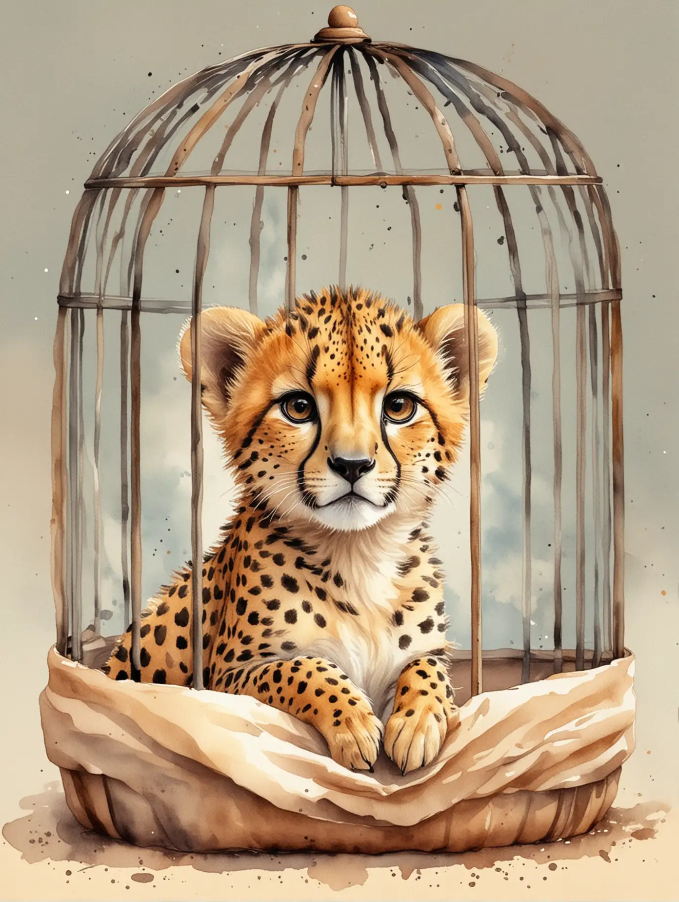 roztomilý gepard v kleci, akvarel ilustrace