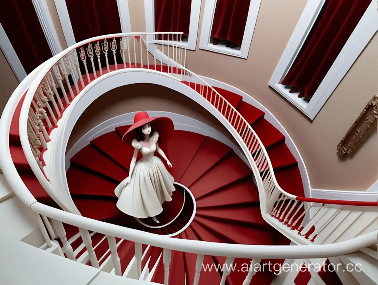 Вид с высокой точки сверху, со второго этажа на молодую даму внизу, дама в белом платье поднимается по винтовой лестнице с красным ковром, держась за перила, лицо дамы закрыто шляпкой с небольшими полями