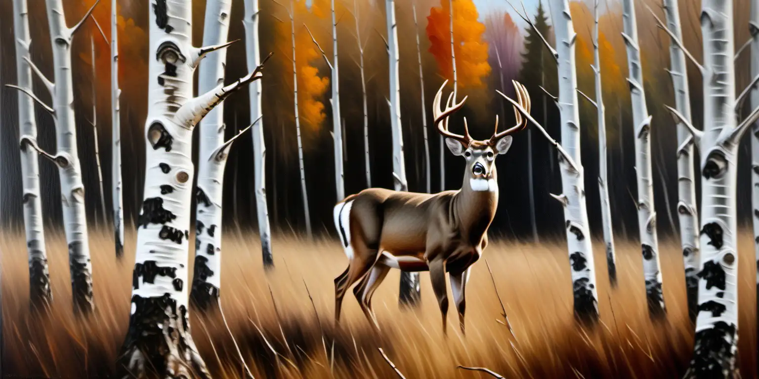 oil painting whitetail buck standing behind many birch trees
