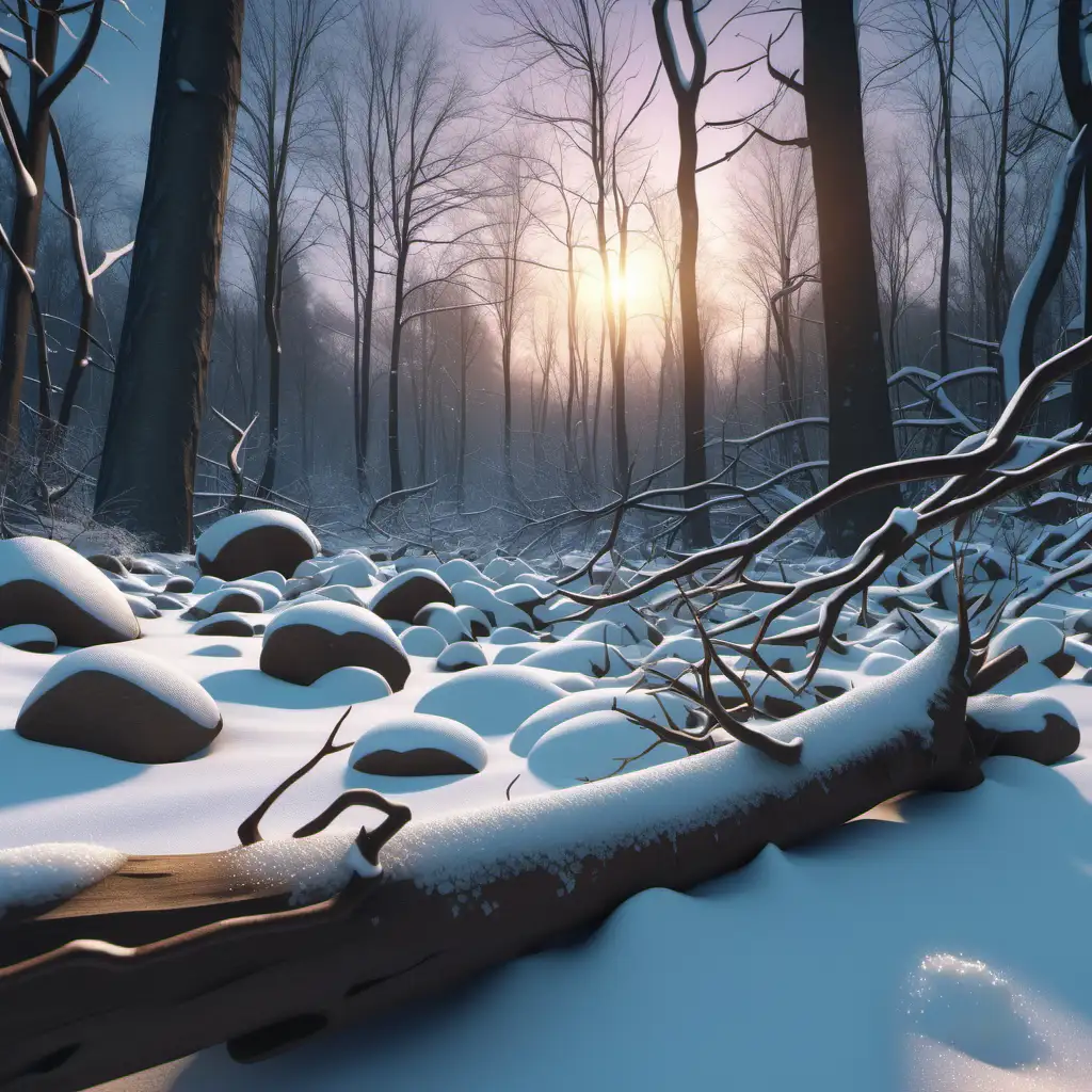A scenic snowy forest landscape. forest floor in the front, rocks and fallen branch, twilight atmosphere, 1080f resolution, ultra 4K, high definition, volumetric light