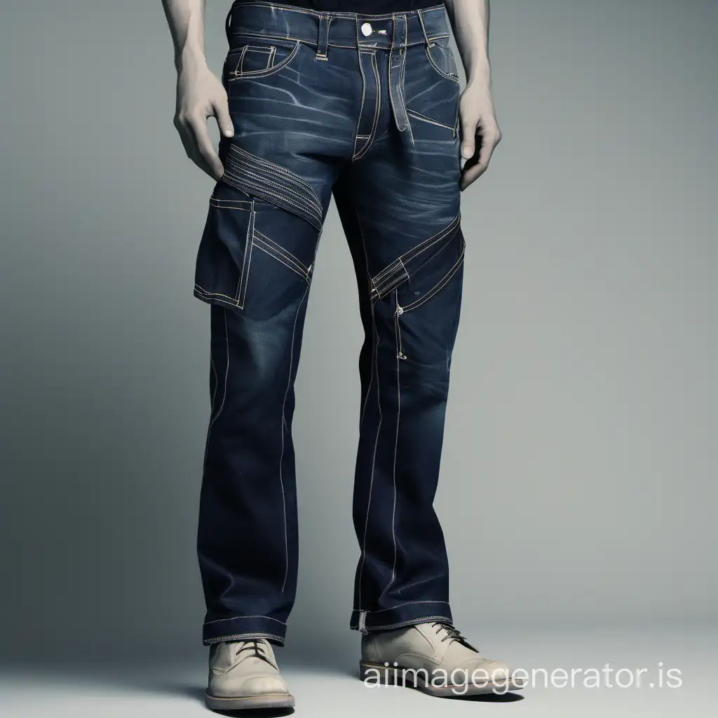 Create an image of a man wearing Heavy Washed-out bottom Dark Blue denim with small utility pockets having contrast stitching & all presented in a Dutch angle view to add a dynamic and artistic touch. 