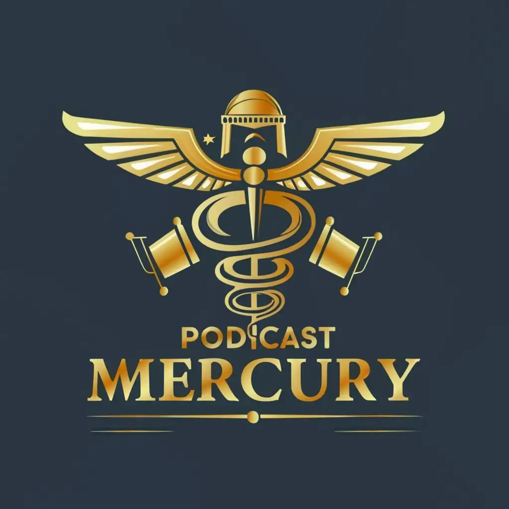 logo, golden Caduceus scepter, winged helmet and microphone, with the text "Podcast 
Mercury", typography, be used in Internet industry