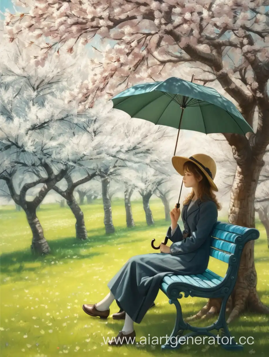 Girl-Sitting-on-Bench-with-Umbrella-in-Cherry-Orchard
