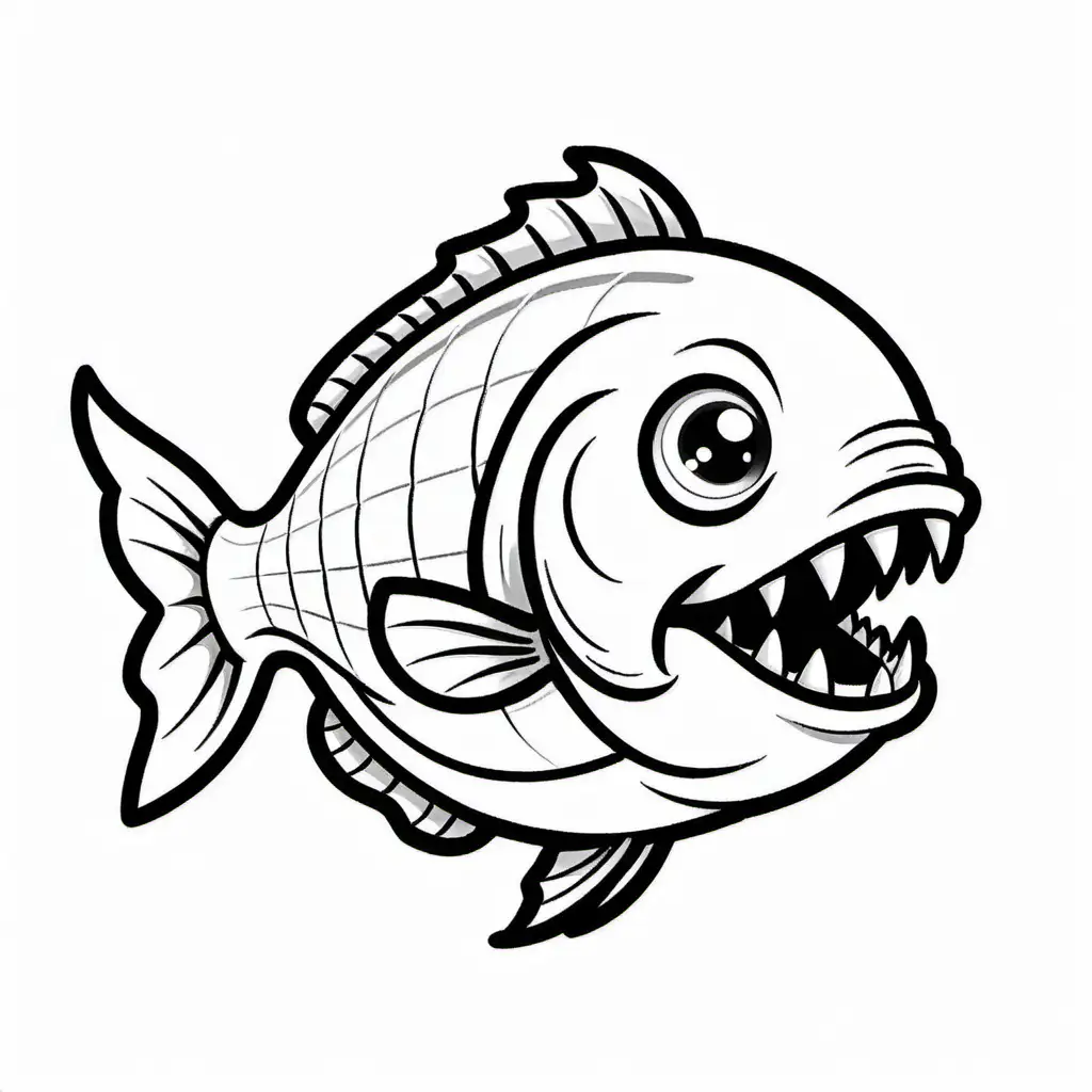 Piranha with big teeth, Coloring Page, black and white, line art, white background, Simplicity, Ample White Space. The background of the coloring page is plain white to make it easy for young children to color within the lines. The outlines of all the subjects are easy to distinguish, making it simple for kids to color without too much difficulty