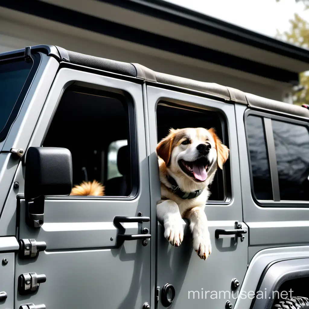 create an image of happy dog looking out the window of a silver grey jeep

