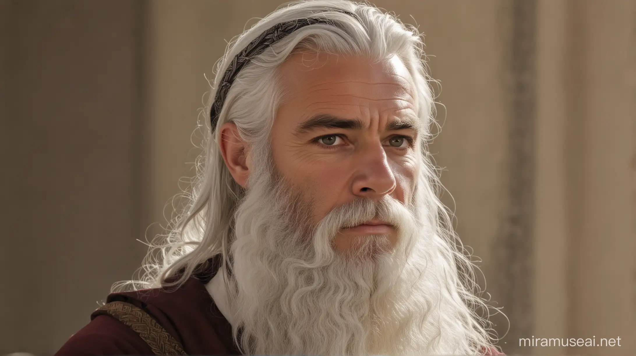 Elias da biblia, olhando fixamente, com barba branca 
