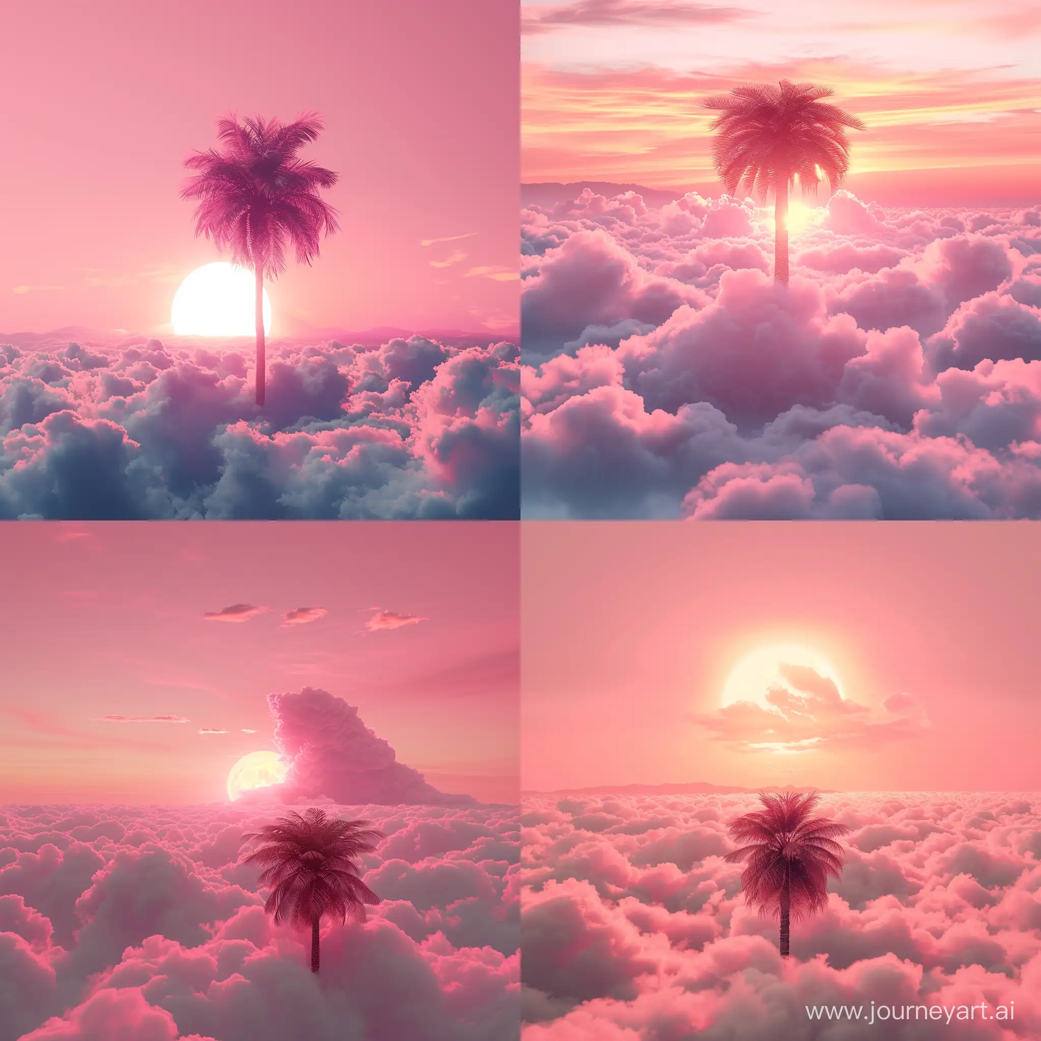  это рисунок, розовый закат, пальма в облаках