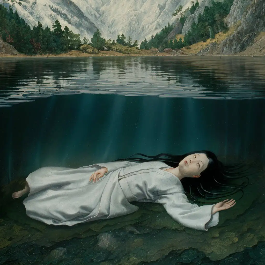 Средневековая Япония. Озеро в горах с прозрачной холодной водой. На дне озера лежит прекрасная утонувшая девушка в простом белом кимоно. Длинные чёрные волосы, глаза закрыты. Смерть, красота, трагедия.