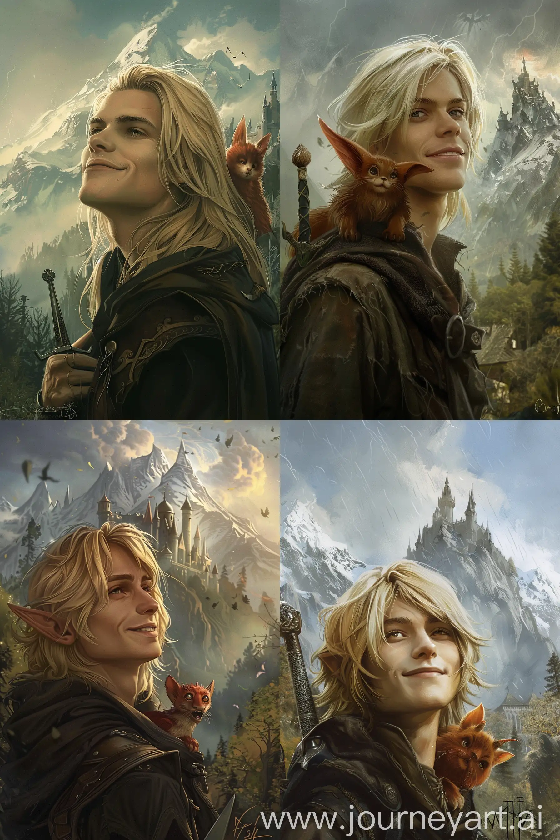 A blond-haired young man looking into the distance, a smile on his lips. Behind him is a castle, mountains with snow-capped peaks, with a forest at their foot. blond long hair. dressed in dark clothes and a cloak with a deep hood. Fantasy.  In his hand is a short sword. On his shoulder a small red-haired beast with long ears big eyes sharp muzzle, cute. The beast is frightened. The sky is pre-thunderstorm, but the sun is still peeking through, --ar 4:6