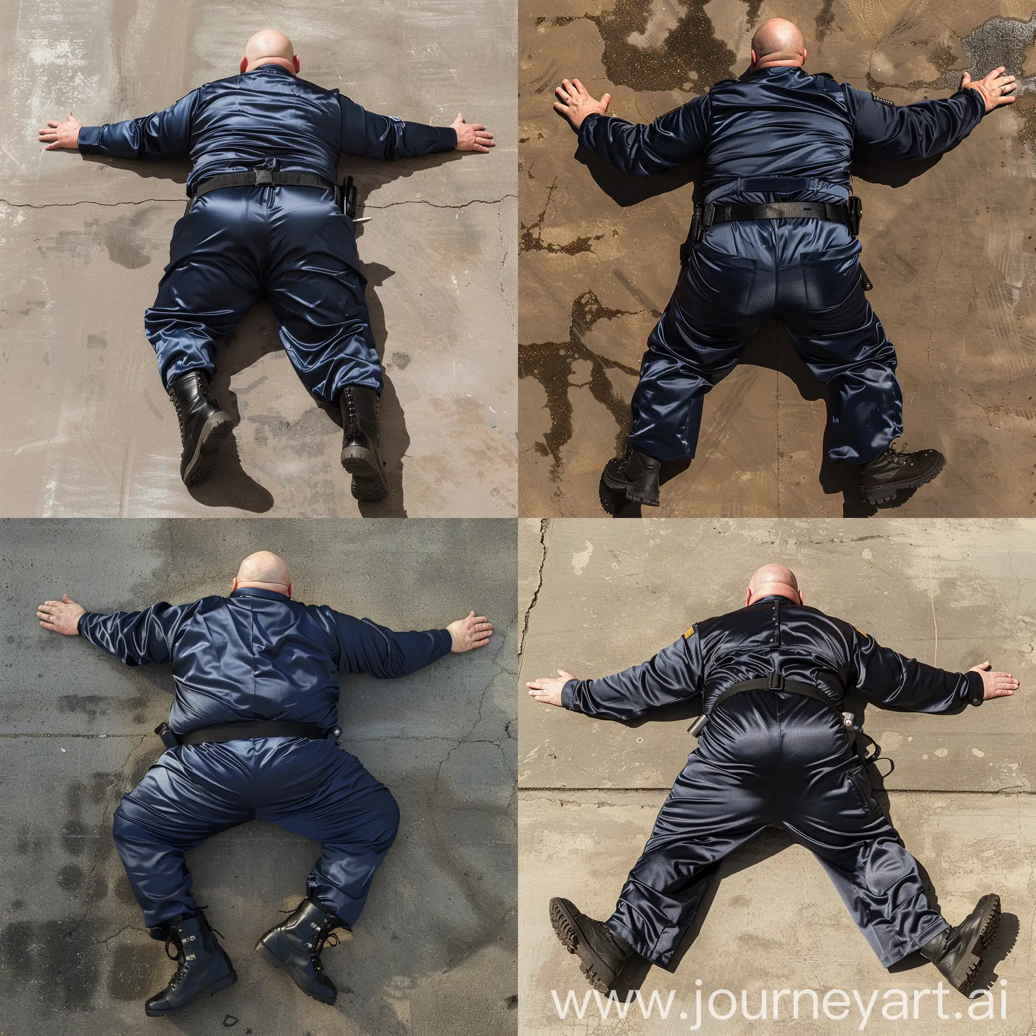 Back view photo of a fat man aged 60 wearing a silk navy security guard skinny-fitted full coverall tucked in black tactical boots. Black tactical belt. His body is lying flat on the ground with legs and arms extended. Outside. Bald. Clean Shaven. Natural light.