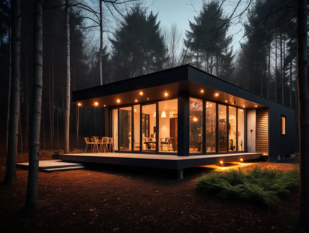 Bild von kleinem modernem Haus am Abend im Wald mit Lichtern