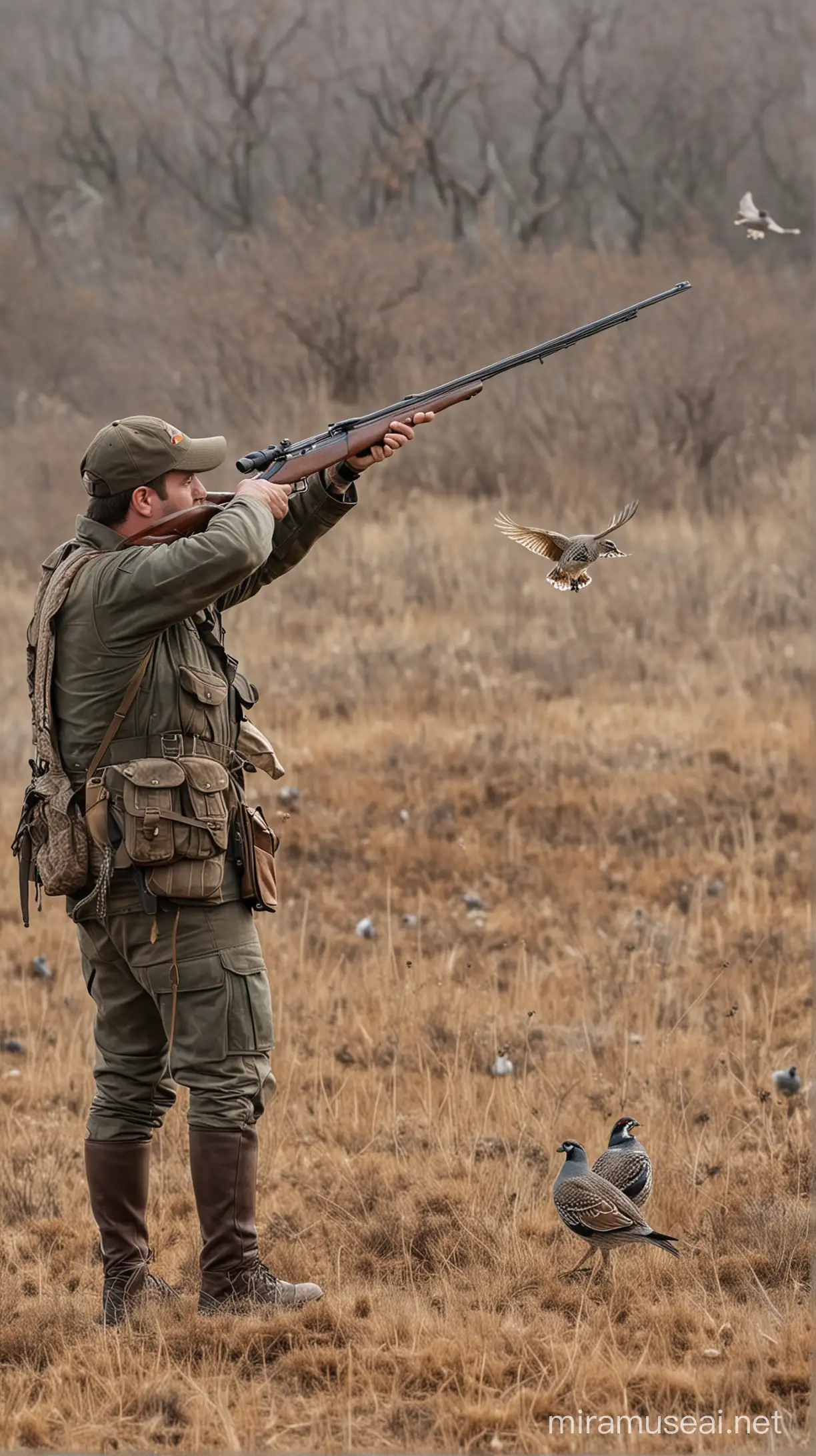 A hunter aims at a flying quail
