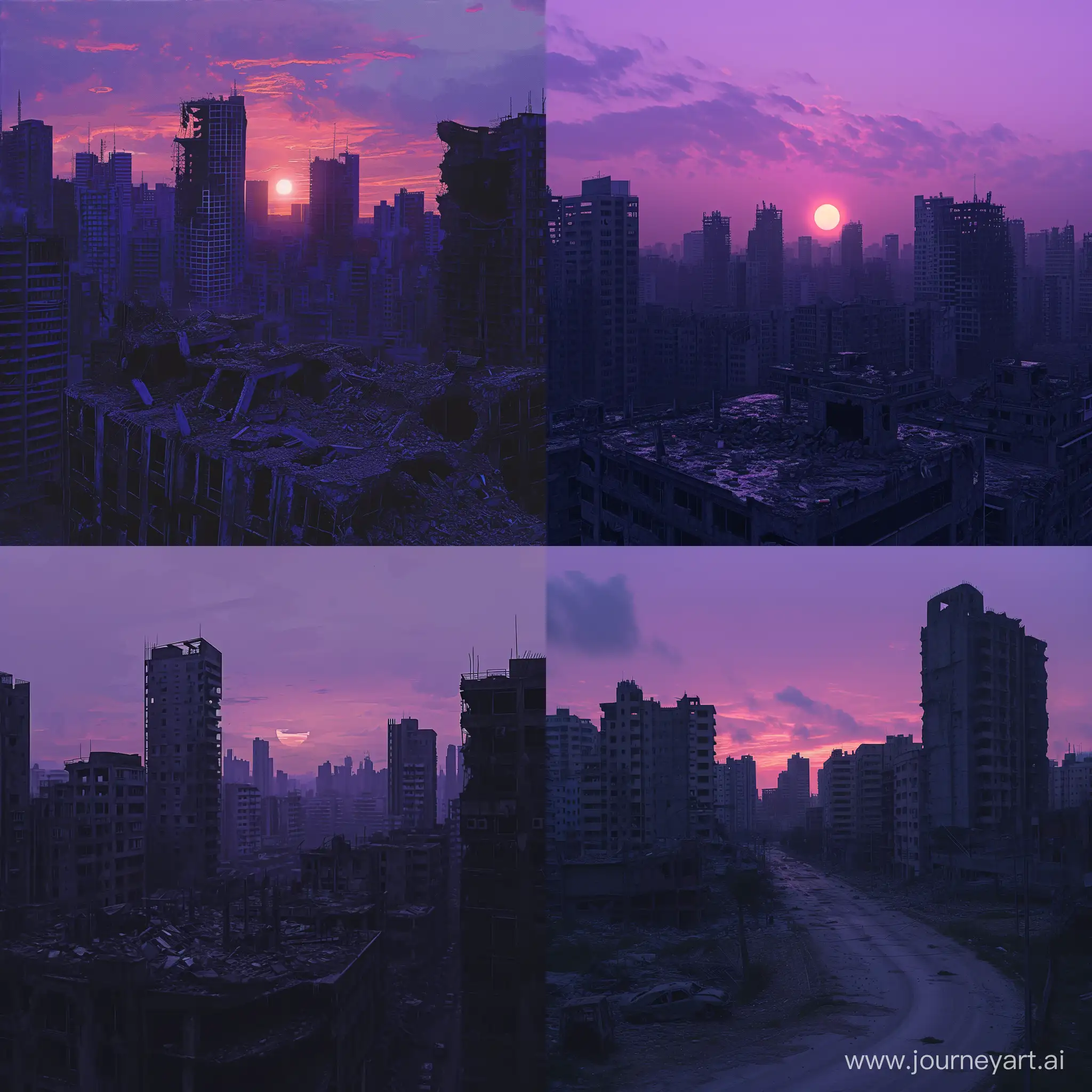 A slightly destroyed city with high-rise buildings against the backdrop of a purple twilight sunset 