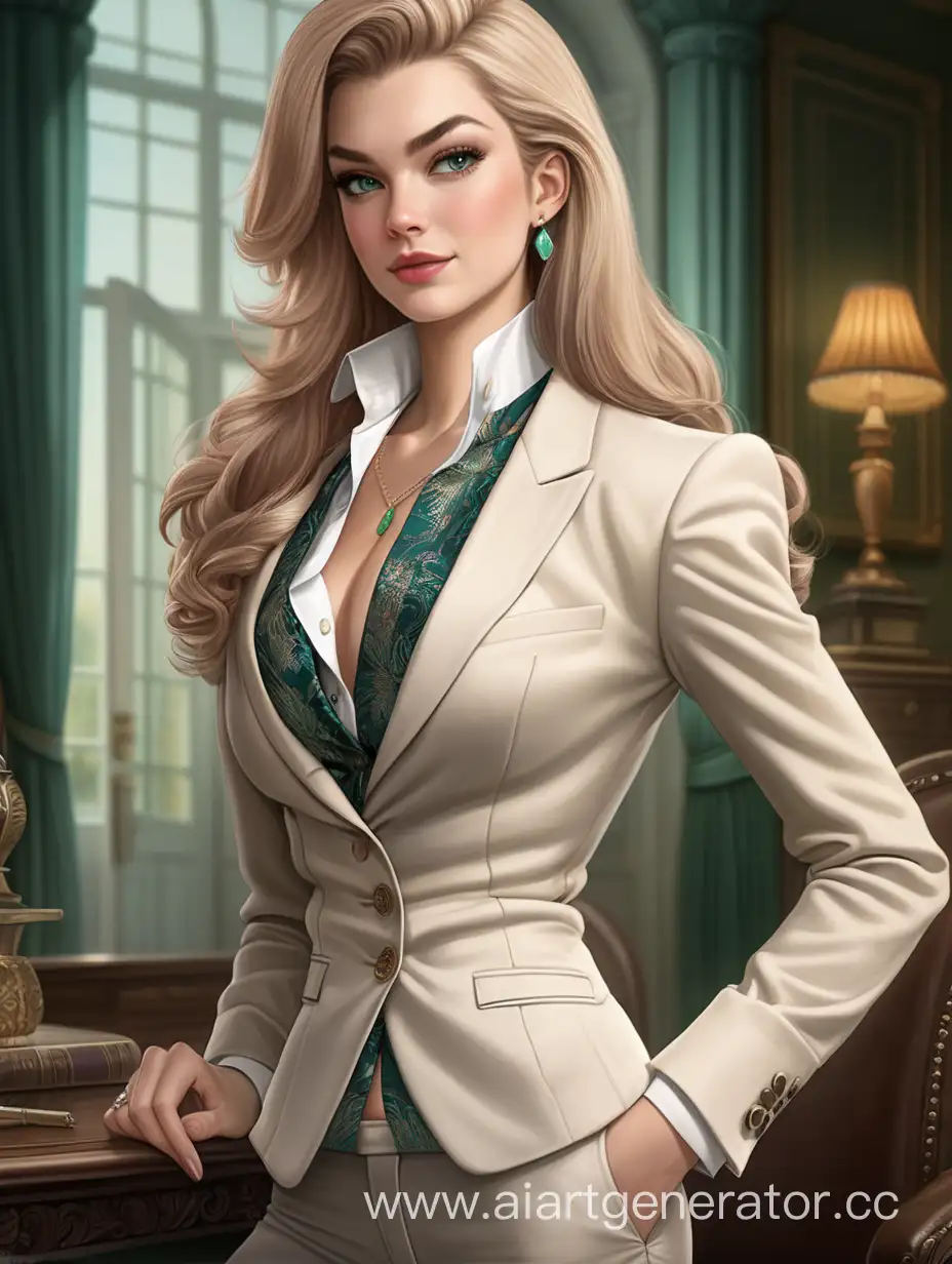 Daphne Greengrass an aristocrat in an elegant blouse and jacket and sexy tight trousers