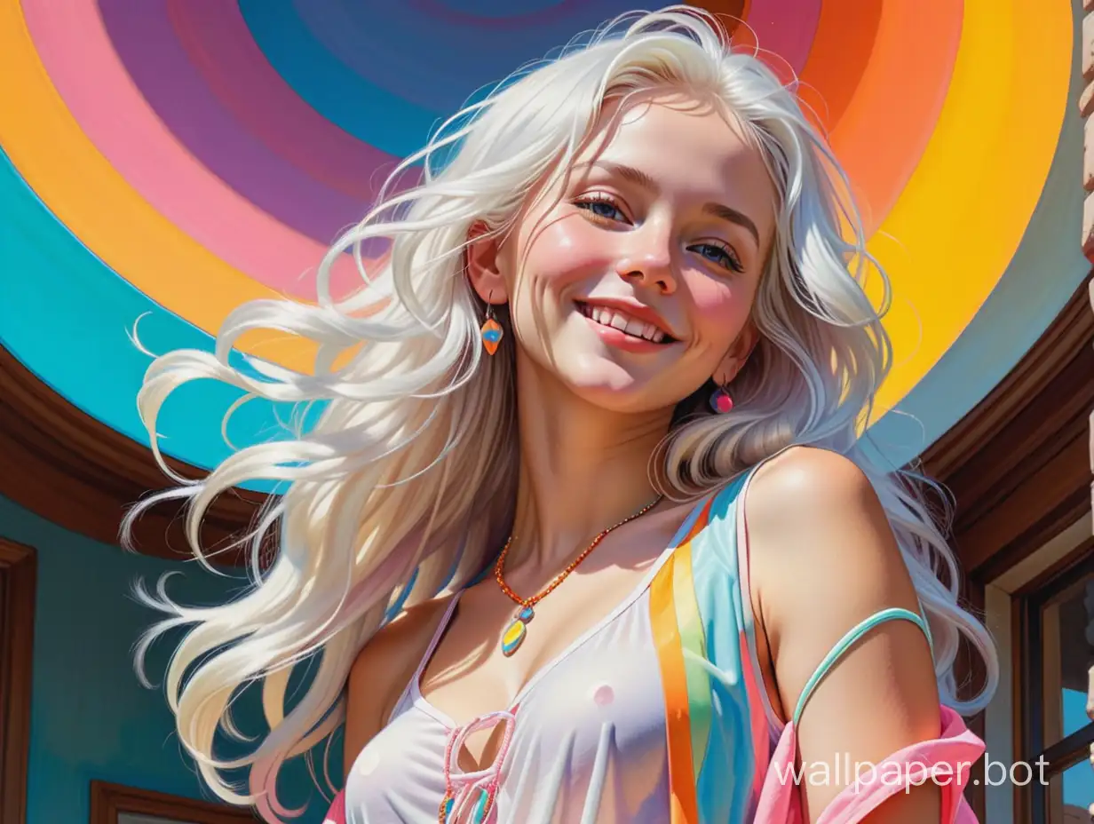 A stunning hyperrealism painting in the style of Norman Rockwell, Moebius, and Steve Hanks, featuring a radiantly beautiful young woman with long, cascading white hair. Her vibrant outfit is adorned with neon pastel colors, making her stand out against the colorful background. The woman exudes happiness, her smile lighting up her face. The painting is illuminated by volumetric light, giving it a soft, dreamy atmosphere. The full color palette showcases the artists' mastery of vibrant hues and vivid details.
