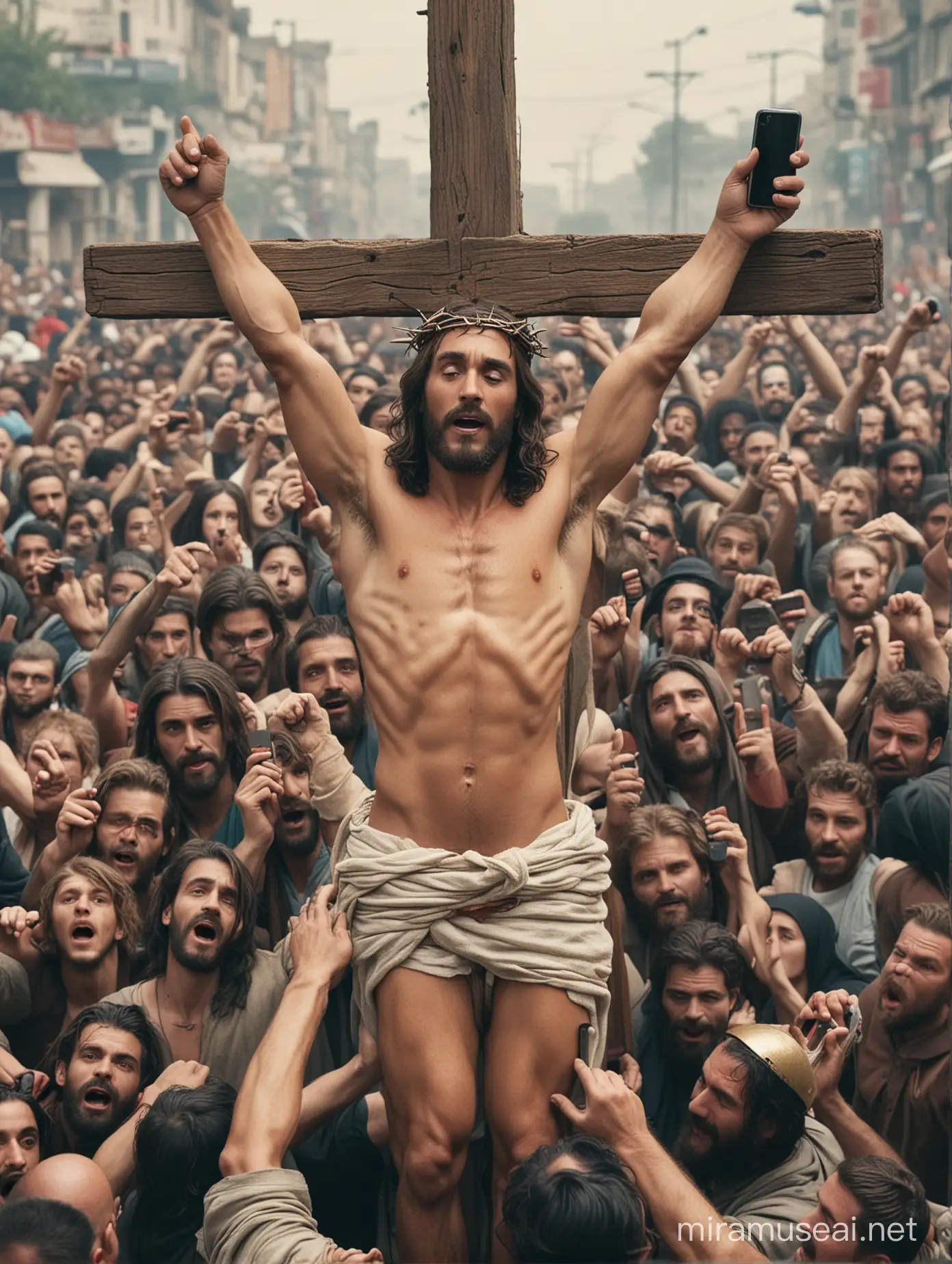 Modern Crowd Ignoring Jesus on the Cross with Two Thieves Symbolism in a Digital Age