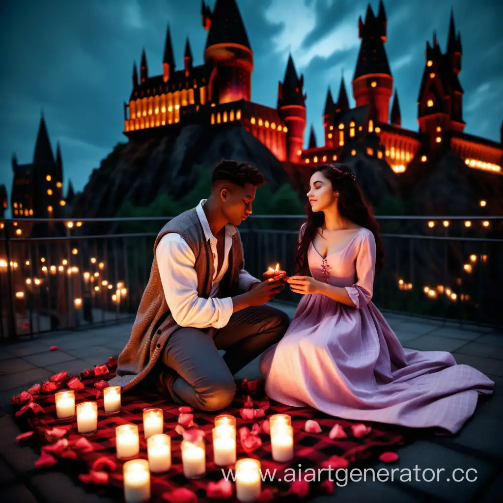 A date on the roof of Hogwarts on a plaid, a dark-skinned guy sitting with a girl in a dress with dark hair, romance, candles, on the roof, rose petals