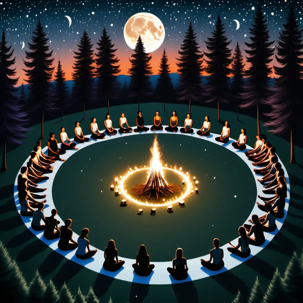Twilight Yoga Circle with Twelve Participants and Bonfire Illumination